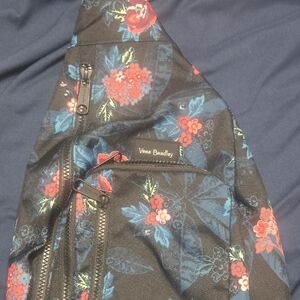 Vera Bradley Black Sling Bag with Red and Blue Floral Pattern